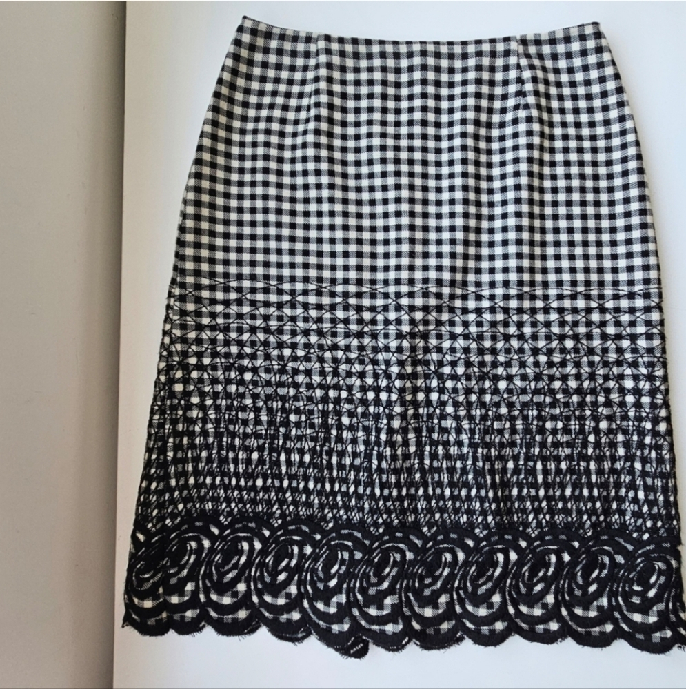 Anna Sui Black And White Embroidered Gingham High Waist Wool Midi Skirt